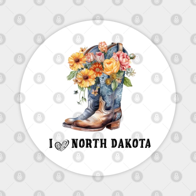 I Love North Dakota Boho Cowboy Boots with Flowers Watercolor Art Magnet by AdrianaHolmesArt